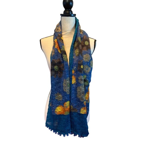Womens Blue Floral Winter Scarf Pom-Pom Fringe 60 in Cottage Granny Core Boho - Picture 2 of 5